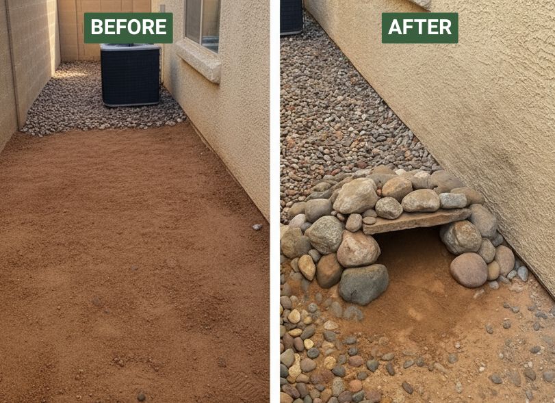 Before and after a bare side yard is fitted with a rock-lined tortoise shelter