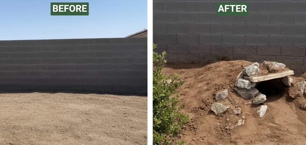 Before and after an open yard receives a soil mound with a stone-framed burrow entrance
